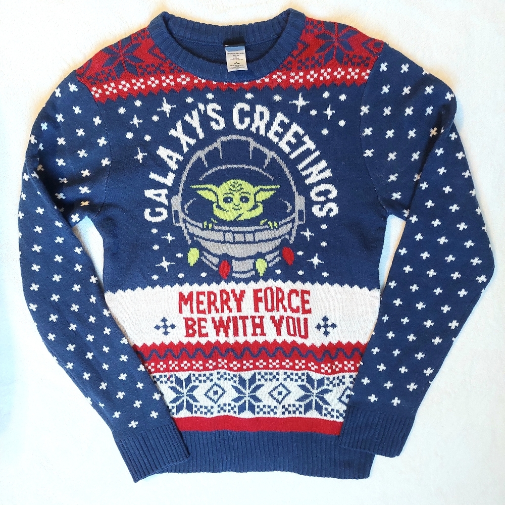 Star Wars Galaxy's Greetings Blue Sweater Mandalorian Christmas Holiday Medium